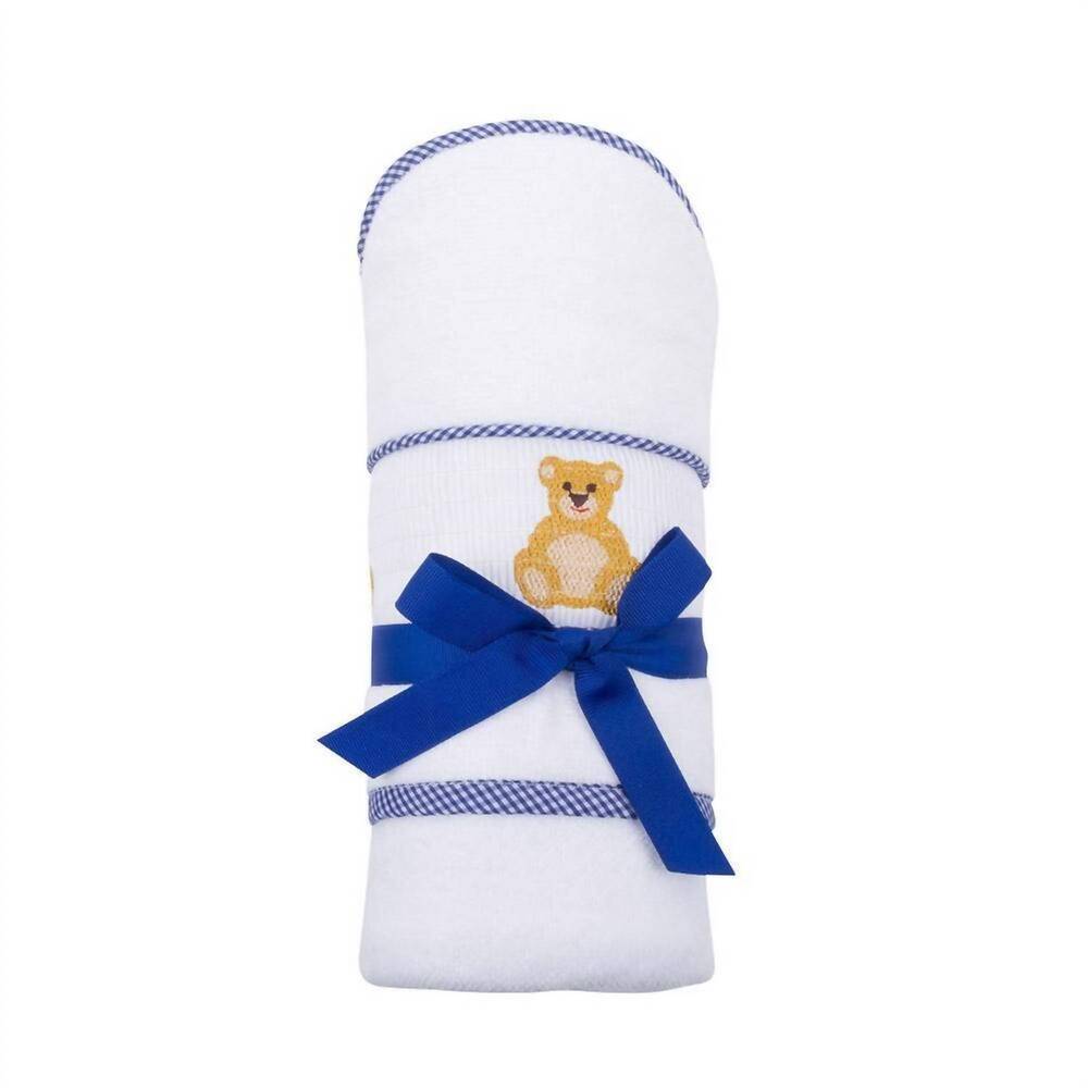 NEW MAINSTREET COLLECTION kid's bear smocked hooded towel in navy
